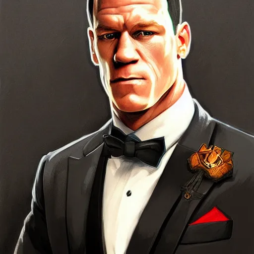 Image similar to john cena wearing a tuxedo, portrait, highly detailed, digital painting, artstation, concept art, sharp focus, illustration, art by artgerm and greg rutkowski and alphonse mucha