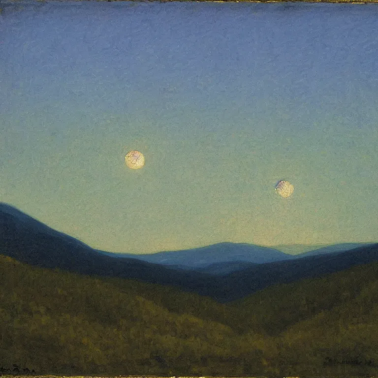 Image similar to vermont mountains, supermoon, abbott handerson thayer painting, blue palette