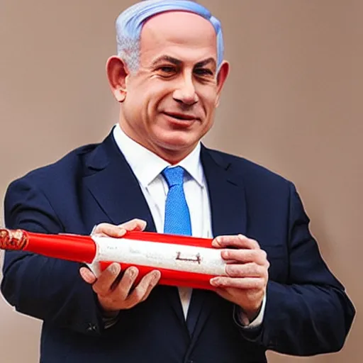 Prompt: Benjamin Netanyahu holding a rocket, highly detailed, realistic