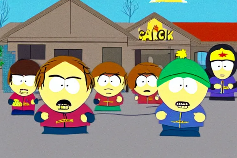 Image similar to south park kids as simpson character, pack shot, tv frame, house in background,