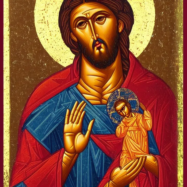 Image similar to A Christ icon presents a shining face that radiates grace and peace.