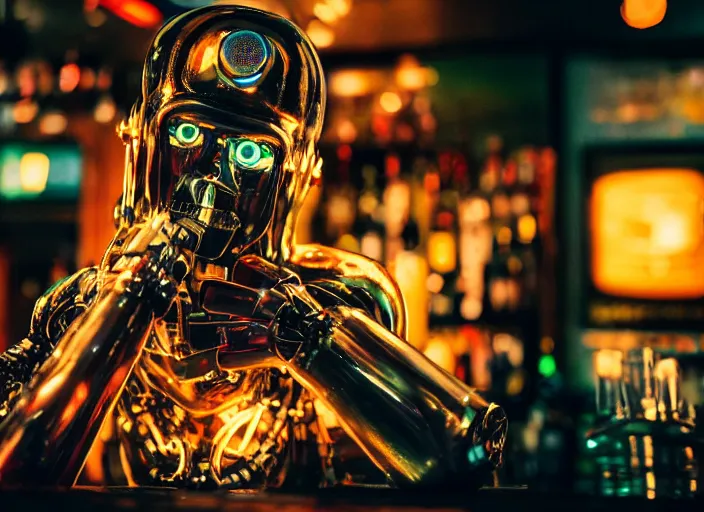 Prompt: a 2 8 mm macro kodachrome photo of a sad metallic cyborg with glowing lights getting drunk alone at a bar in the 1 9 5 0's, seen from a distance, bokeh, canon 5 0 mm, cinematic lighting, film, photography, golden hour, depth of field, award - winning