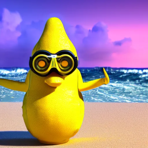 Image similar to 3 d octane render of an anthropomorphic lemon character, with lemon skin texture, it is wearing a hat and scuba diving suit, it's seen building a sandcastle on the beach at sunset, beach, huge waves, sun, clouds, long violet and green trees, rim light, cinematic photography, professional, sand, san dcastle, volumetric lightening