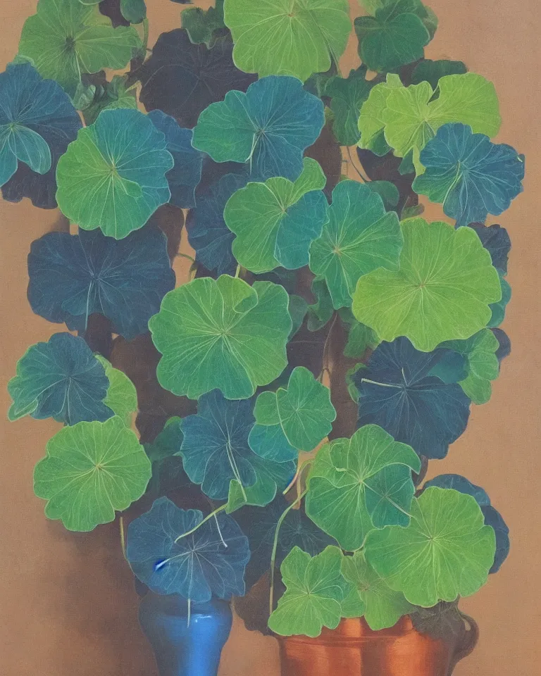 Image similar to fine painting of teal leafed nasturtiums and blue incense smoke.