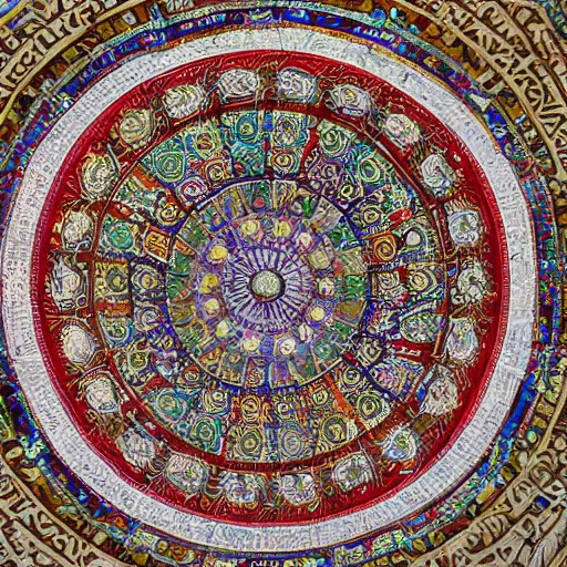 Image similar to An ancient mosaic of mandalas at a Turkish church, well preserved, photograph, wideview, 8k post processing