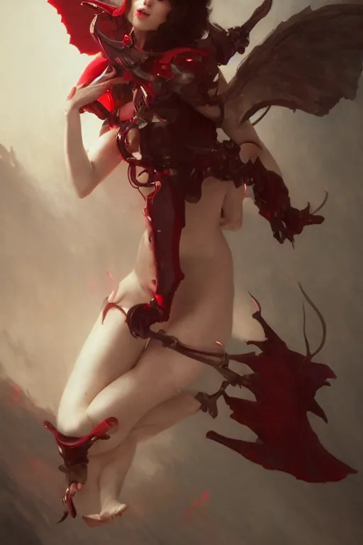 Image similar to Beautiful pale laughing succubus with mechanical wings and devil's horns, red lighting, masterpiece 4k digital illustration by Ruan Jia and Mandy Jurgens and Artgerm and william-adolphe bouguereau, highly detailed, trending on artstation, award winning,