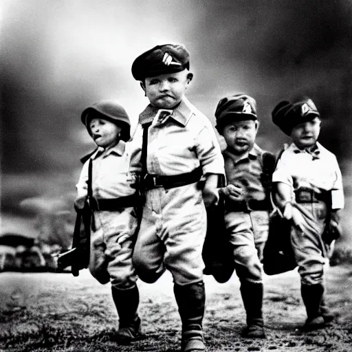 Prompt: Babies going to war, WW2 photography, very patriotic, white and black photography, 8k