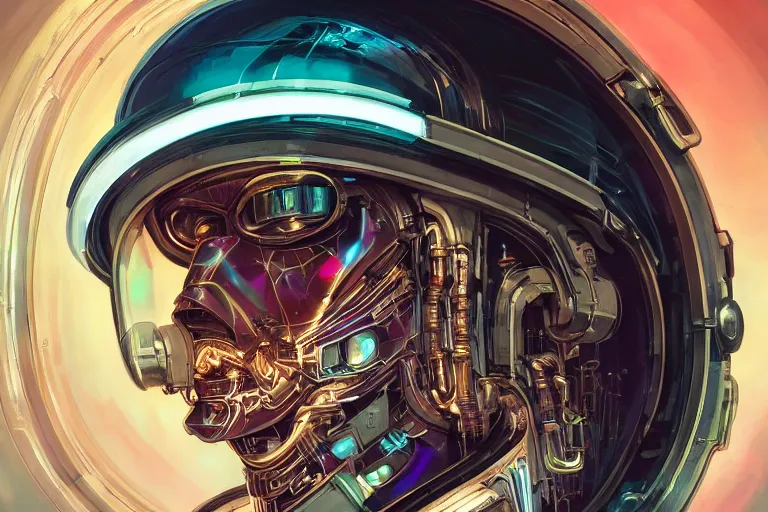 Prompt: portrait of a biomechanical head inside a cyberpunk space helmet, vintage transistors, neon, white metal, iridescent visor, smooth, sharp focus, art by Greg Rutkowski and artgerm and Alphonse Mucha,