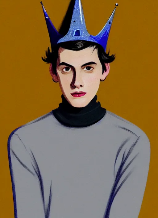 Image similar to portrait of teenage jughead jones wearing a light grey crown, crown, blue turtleneck, 1 9 5 0 s, closed eyes, photorealistic, black hair, glowing lighting, intricate, elegant, glowing lights, highly detailed, digital painting, artstation, concept art, smooth, sharp focus, illustration, art by wlop, mars ravelo and greg rutkowski