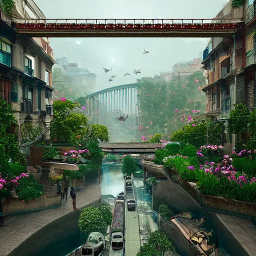 Image similar to a humongous civilization of naturists, cinematic, flowers, bridges, malls, shops, city, people, houses, wet reflections, unreal engine 5, octane, smooth, ray tracing, hyper detailed, hyper realism, fantasy, trending on artstation, behance, deviantart