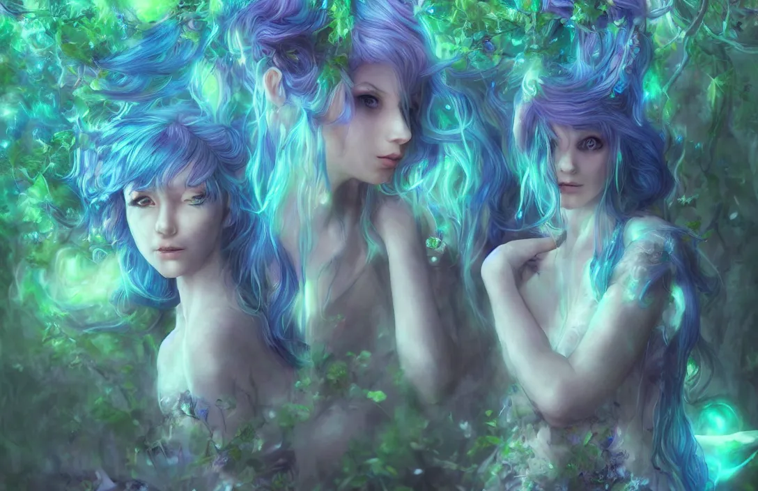 Image similar to beautiful fairie girl with flowing blue hair ( accurate facial details ) ( accurate body details ), walking through a bioluminescent magical forest, magical, dreamy, cinematic lighting, beautiful lighting, hyperdetailed 4 k artstation