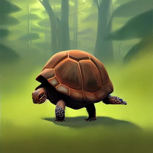 Prompt: Goro Fujita a portrait tortoise walking through the forest, painting by Goro Fujita, ArtStation