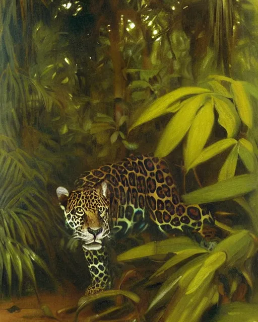 Image similar to Jaguar in a dark misty jungle, painted by John Singer Sargent