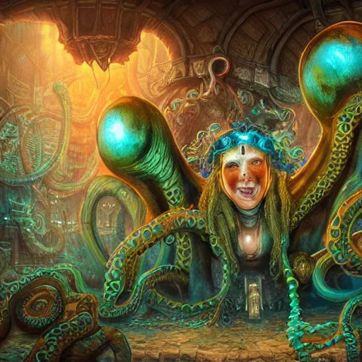 Image similar to dystopian fantasy undersea rock concert. On stage, the drummer is Cthulhu squid woman with tentacles playing a big rock&roll drum kit, by Philipp A. Urlich and Pengzhen Zhang an Andreas Rocha, fantasy, intricate, elegant, highly detailed, digital painting, artstation, blender, unreal engine 5, octane render, smooth, sharp focus, illustration