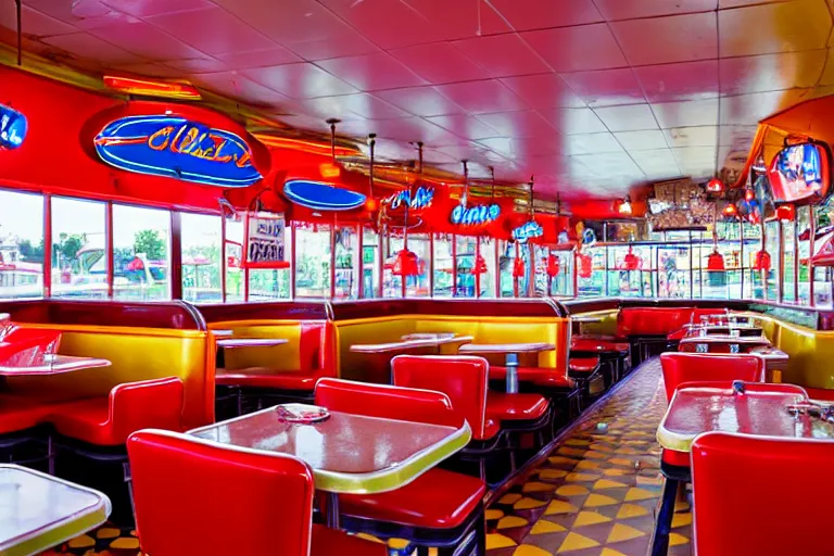 Prompt: 1 9 7 5 crawfish themed classic american diner, googie architecture, two point perspective, americana, restaurant interior photography, hd 4 k, taken by alex webb