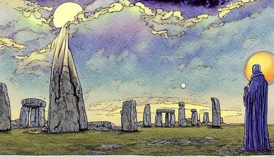 Image similar to a realistic and atmospheric watercolour fantasy concept art of a shiny metallic ufo floating above a large stonehenge. medieval monk in grey robes on his knees praying. a crescent moon in the sky. muted colors. by rebecca guay, michael kaluta, charles vess and jean moebius giraud