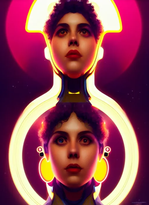 Image similar to symmetry portrait of poly styrene, sci - fi, tech wear, glowing lights intricate, elegant, highly detailed, digital painting, artstation, concept art, smooth, sharp focus, illustration, art by artgerm and greg rutkowski and alphonse mucha