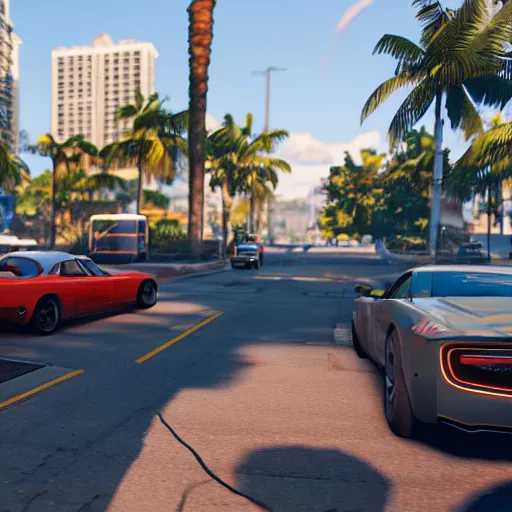 Prompt: screenshot of gameplay of grand theft auto 6 set in miami, raytracing, beautiful, unreal engine