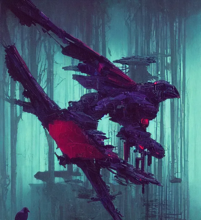 Prompt: robotic cyberpunk android raven bird in the deep forest red and purple palette, volume light, fog, volume lights, by caspar david friedrich by ( h. r. giger ) and paul lehr