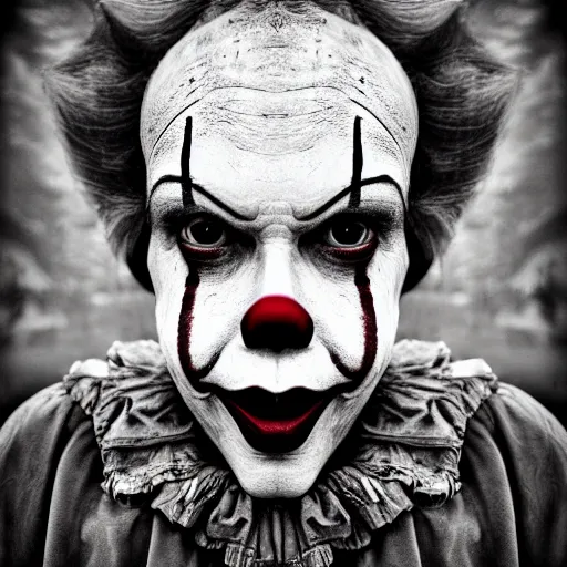 Image similar to Homeless portrait of dirty Pennywise in scrappy clothing, HD, award winning photograph by Lee Jeffries