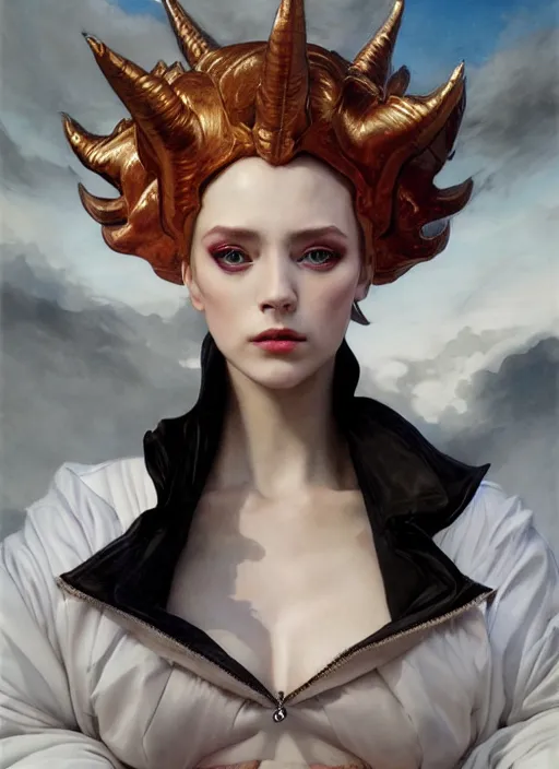 Prompt: queen demon half human, elegant, wearing a bomber jacket, armor, hyper realistic, white horns, extremely detailed, dnd character art portrait, fantasy art,, dramatic lighting, vivid colors, artstation, by edgar maxence and caravaggio and michael whelan and delacroix, lois van baarle and bouguereau