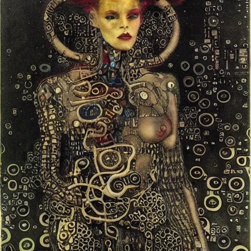 Prompt: stunning cybernetic demon trapped in circuitry hellscape, intricate detail, jazz age, klimt, miro, royo, whealan, figure study,