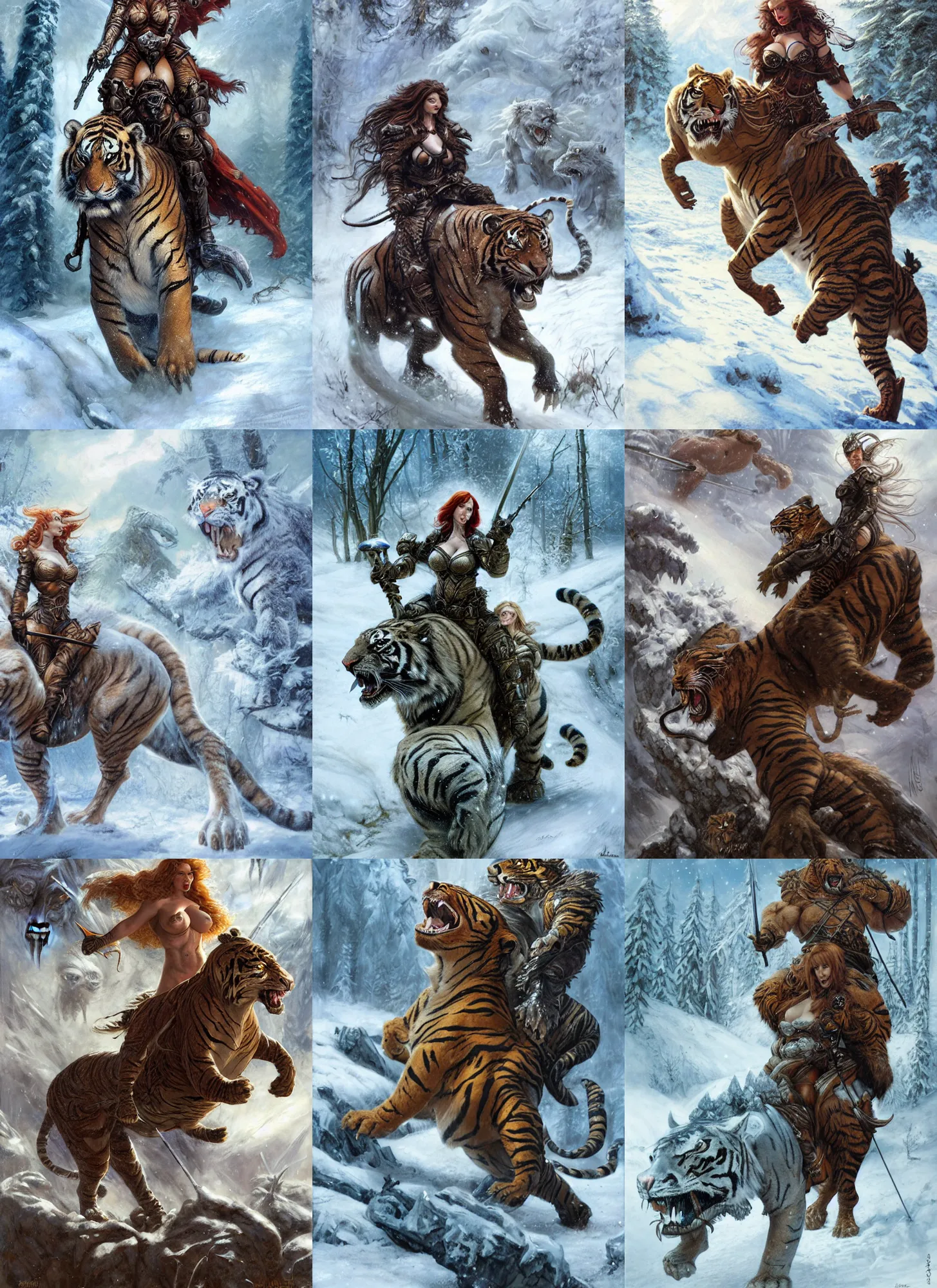 Prompt: muscled Christina Hendricks riding mounted on a fierce large saber tooth tiger, snowy winter scene, Donato Giancola, Mark Brooks, Ralph Horsley, Charlie Bowater, Artgerm, Christopher Balaskas, Bastien Lecouffe-Deharme