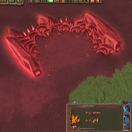 Image similar to TzKal-Zuk at the Inferno, old school runescape, lava river, magma, large shield of magma, obsidian pillars