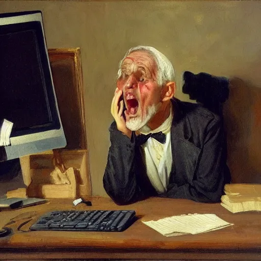 Image similar to an angry man yells at his computer monitor, oil on canvas, 1 8 8 3, highly detailed