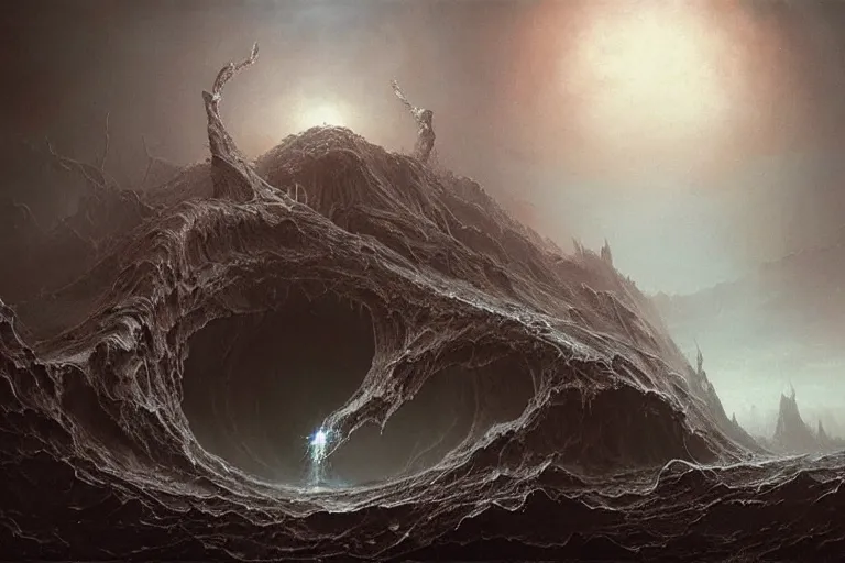 Image similar to maelstrom, gehenna, the abyss looks back, chaos, the world without form and void, amazing concept painting by Jessica Rossier and HR giger and Beksinski