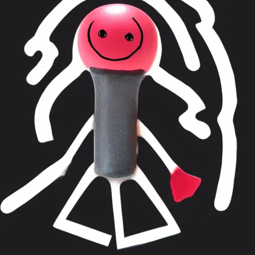 Image similar to vinyl designer toy, character crescent with hands and legs, creepy smiling evil face, holds a small knife in hand