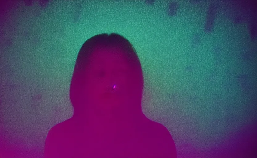 Prompt: vhs glitch art portrat of a woman hidden underneath a sheet, foggy environment, static colorful noise glitch olumetric light, by bekinski, unsettling moody vibe, vcr tape, 1 9 7 0 s analog video, vaporwave aesthetic, directed by david lynch, colorful static, datamosh, pixel stretching