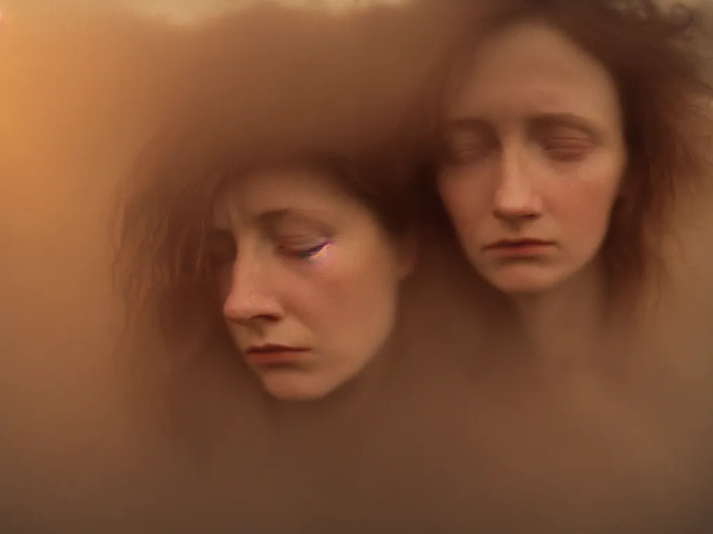 Prompt: close up portrait bust of woman, tired expression, faded color film, russian cinema, tarkovsky, technicolor, heavy forest, wood cabin in distance, shallow depth of field, long brown hair, old clothing, heavy fog, atmospheric haze, brown color palette, sunset, low light, hudson river school, 4 k, dramatic lighting