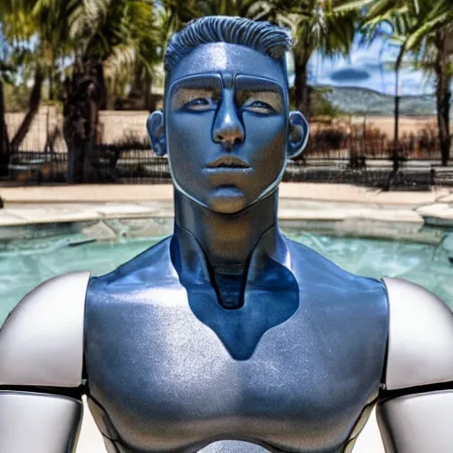 Image similar to a realistic detailed photo of a guy who is an attractive humanoid who is half robot and half humanoid, who is a male android, wrestler nick suriano, shiny skin, posing like a statue, blank stare, by the pool, on display, showing off his muscles, humanoid robot, frozen ice statue