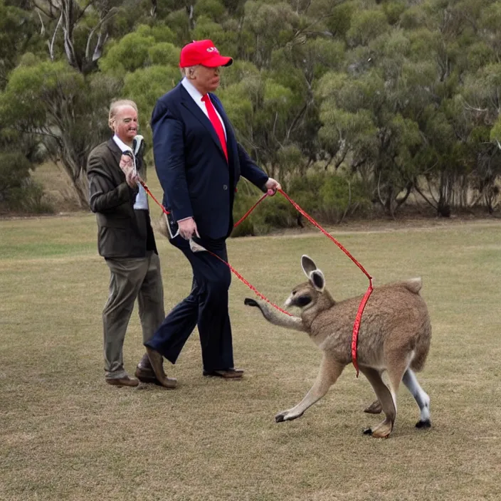 Image similar to a photo of Donald trump walking a kangaroo on a leash