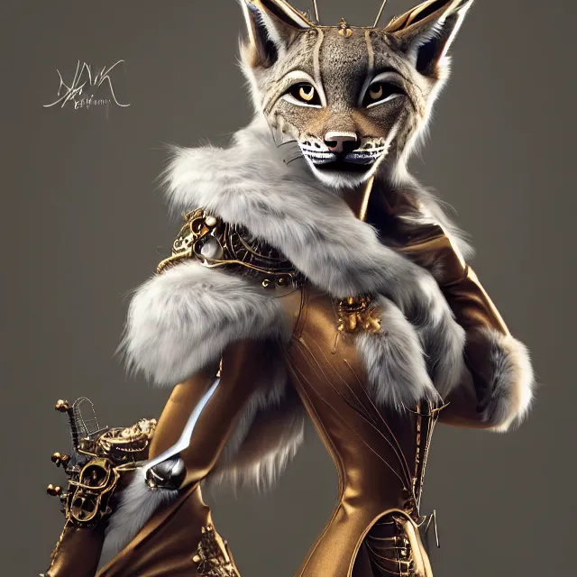 Image similar to the portrait of anthropomorphic lynx fursona wearing a steampunk dress as unimaginably beautiful, gorgeous, elegant, young lynx, an ultrafine hyperdetailed illustration by kim jung gi, irakli nadar, intricate linework, white fur, unreal engine 5 highly rendered, global illumination, radiant light, detailed and intricate environment