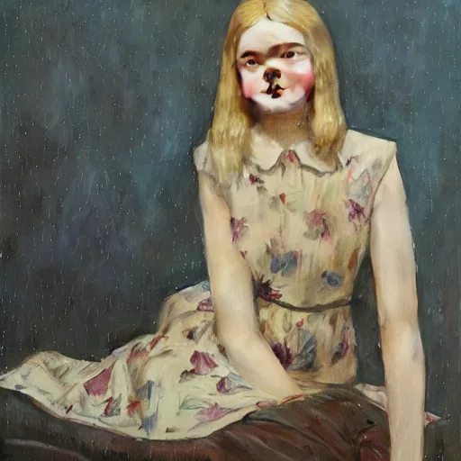 Prompt: Elle Fanning at night, stormy weather, extremely detailed masterpiece, oil on canvas, Roger Deakin’s cinematography, by Norman Rockwell and Peter Reubens,