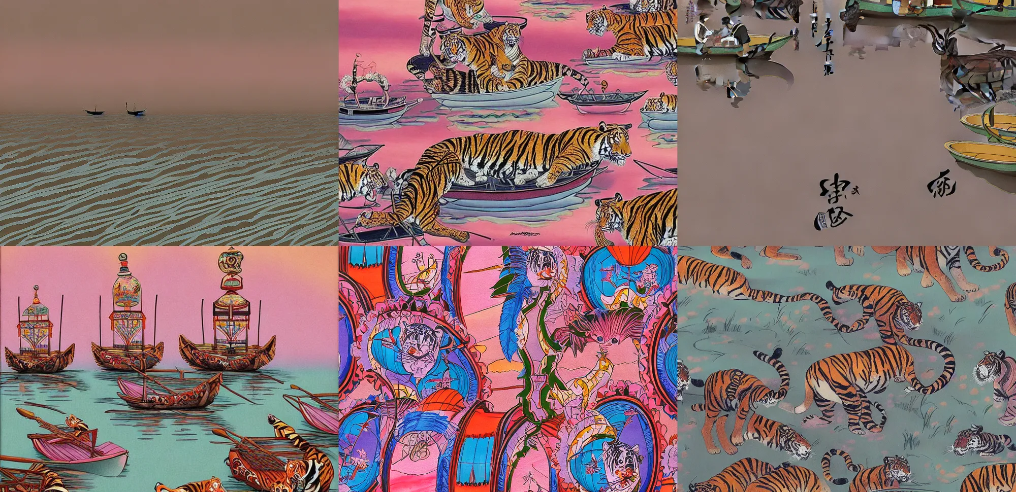 Image similar to tigers retro boats on river asian lanterns pink hues, surrealism, ornate, oriental