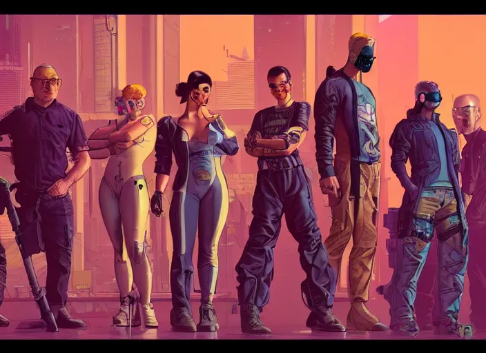 Image similar to cyberpunk heist crew. portrait by stonehouse and mœbius and will eisner and gil elvgren and pixar. character design. realistic proportions. cyberpunk 2 0 7 7 character art, blade runner 2 0 4 9 concept art. cel shading. attractive face. thick lines. the team. diverse characters. artstationhq.