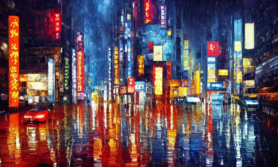 Prompt: the most beautiful landscape, oil painting, city like tokyo, night, raining, neon, desert, cinematic lighting, highly detailed, very realistic