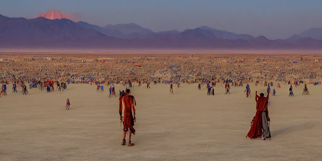 Image similar to of a photography of Burning Man Festival, with blue light dark blue sky, long cloths red like silk, ants are big and they shine on the sunlight, there are sand mountains on the background, a very small oasis on the far distant background along with some watch towers, ants are perfect symmetric insects, man is with black skin, the man have a backpack, the man stands out on the image, the ants make a line on the dunes, the sun up on the sky is strong, the sky is blue and there are some clouds, its like a caravan of a man guiding many ants on the dunes of the desert, colors are strong but calm, volumetric, detailed objects, Arabica style, wide view, 14mm,