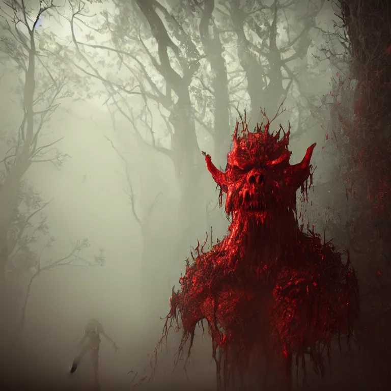 Image similar to a bloody tree demon monster on hell, dark, foggy, eerie, splash, sparkle, smoke, particles, octane render, unreal engine, artstation, digital art.