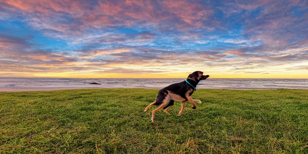 Prompt: a california seascape, beach and grassy hills, at sunset, dog running on the beach