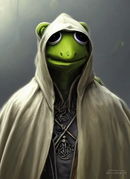 Image similar to Portrait of Kermit the Frog, white glowing eyes, silver hair, cloak, ethereal wings, male, fantasy, extremely detailed, digital painting, artstation, concept art, smooth, sharp focus, illustration, stunning lighting, art by artgerm and greg rutkowski and alphonse mucha and simon stalenhag, realistic character concept, high fantasy, light atmosphere, golden ratio, cinematic lighting, hyperdetailed, high resolution, insanely detailed and intricate, artstation, Marc Simonetti, Greg Rutkowski, 8k