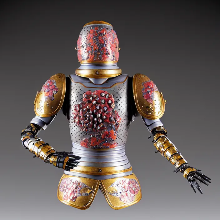 Prompt: ceramic cyborg, armor with Kakiemon design with plums and stylized flowers in glaze and gilding Edo period 1670–1690, diffuse lighting, fantasy, intricate, elegant, highly detailed, lifelike, photorealistic, digital painting, artstation, illustration, concept art, smooth, sharp focus, art by John Collier and Albert Aublet and Krenz Cushart and Artem Demura and Alphonse Mucha