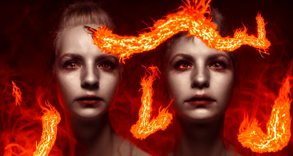 Image similar to portrait of a woman with horns made of flames in the wisps of thick smoke, looking into the camera, nightmare fuel, studio photography, studio lighting, realistic render, octane render, 4 k, 8 k, face in focus