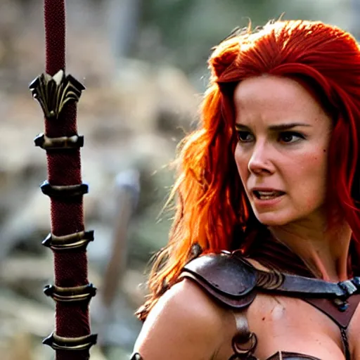 Prompt: nathaly portman as red sonja, action scene