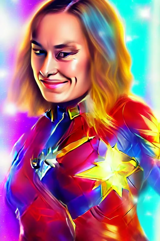 Image similar to Brie Larson as Captain Marvel high quality digital painting in the style of Lisa Frank