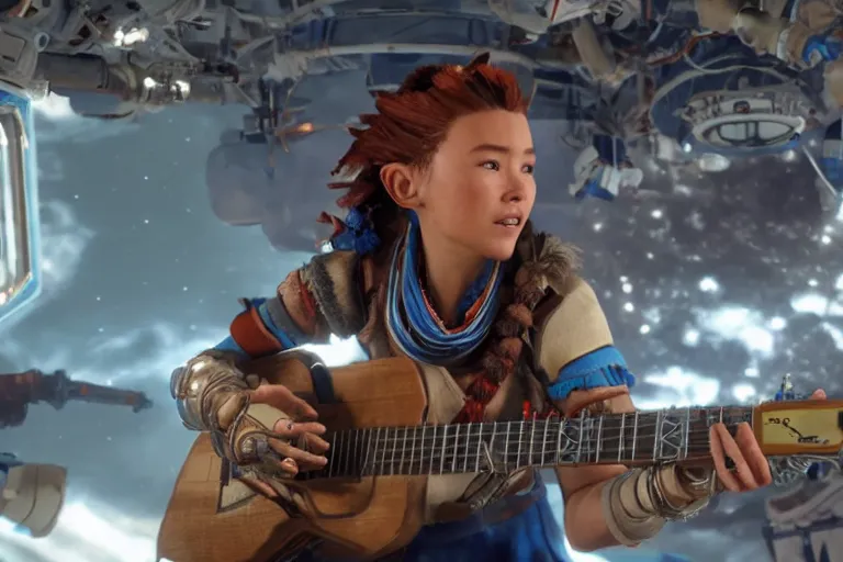 Image similar to cinematic picture of aloy from the horizon zero dawn videogame playing the guitar in the international space station