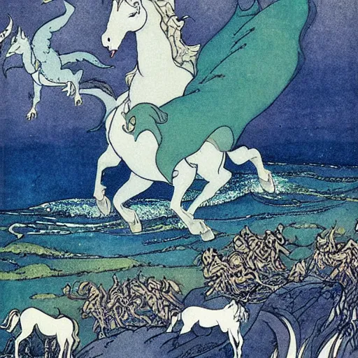 Prompt: the unicorn wave scene from the last unicorn, as illustrated by edmund dulac